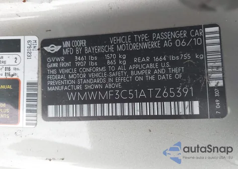 2010 Mini Cooper from USA, damaged, VIN WMWMF3C51ATZ65391